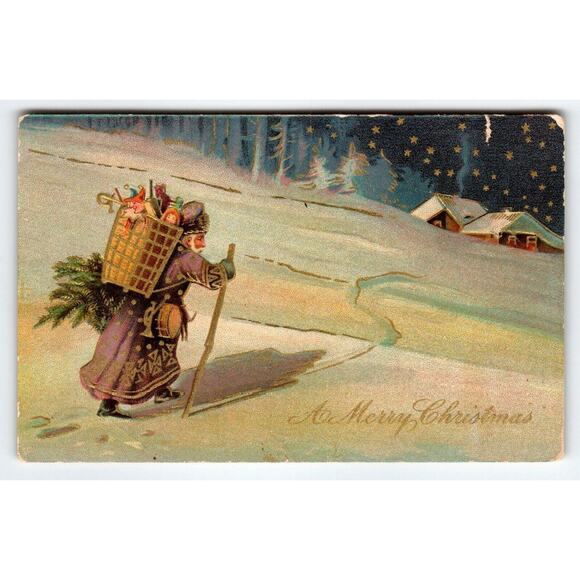 Santa Claus Christmas Postcard Purple Suit Coat Walking In Snow With X-mas Tree - Picture 1 of 2